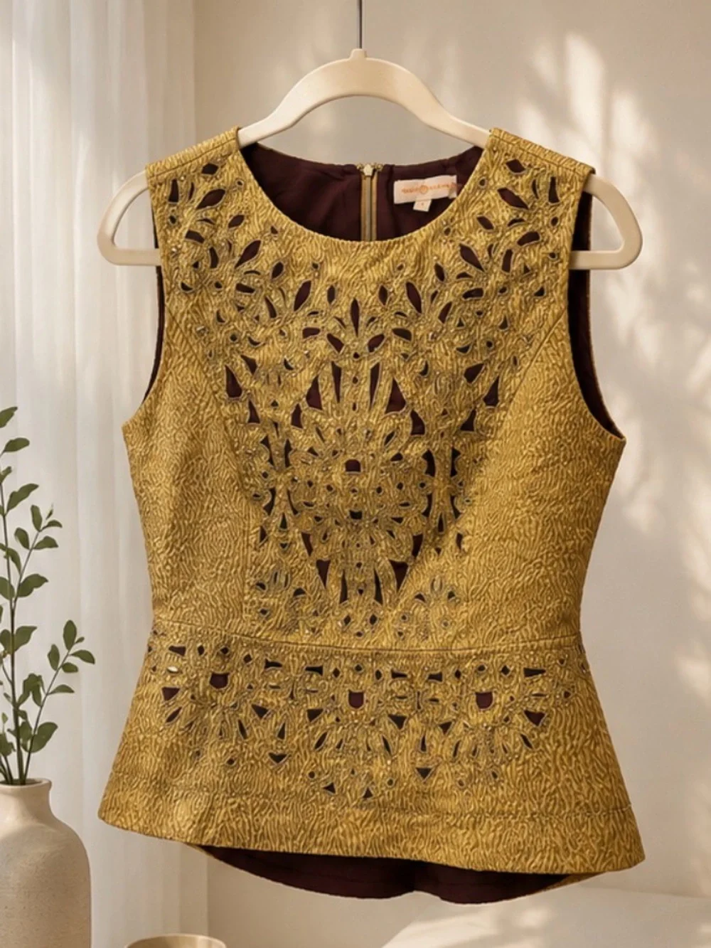 TORY BURCH GOLD BEADED EMBROIDERED PEPLUM TOP – SIZE 6